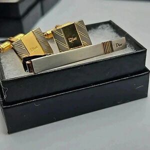 Christian Dior Bullet Back Gold and Silver Tone Cufflinks and Tie bar
